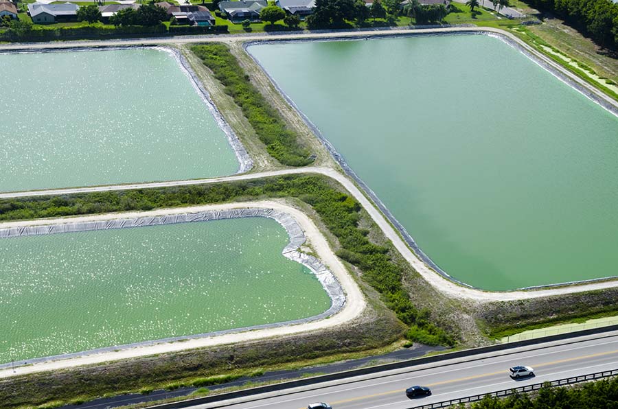 Water treatment ponds at a facility in Florida.  Taken from a helicopter at 500 feet.